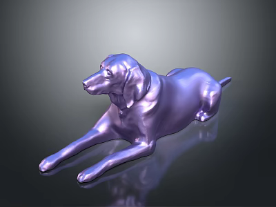 3D Dog Sculpture In Lying Position With Purple Metallic Finish On Dark Reflective Background 3d model
