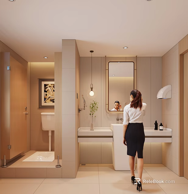 Modern Warm Light Bathroom Interior Design With Sleek Vanity Mirror And Separated Toilet Space 3d model 