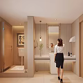 Modern Warm Light Bathroom Interior Design With Sleek Vanity Mirror And Separated Toilet Space