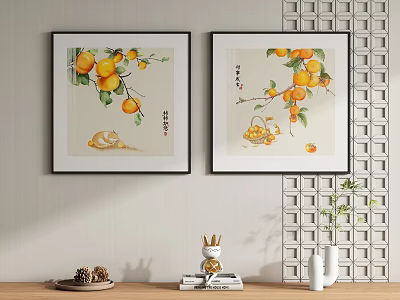 Two Decorative Paintings With Yellow Fruits Chinese Calligraphy And Rabbit Figurine In Interior Decor 3d model