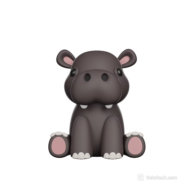 Cute Dark Gray Hippo Stuffed Toy with Large Ears Pink Paws White Claws and Teeth 3d model 