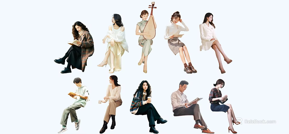 Group of People Reading Books Playing Pipa and Sitting in Various Leisure Poses 3d model 