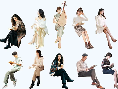 Group of People Reading Books Playing Pipa and Sitting in Various Leisure Poses 3d model