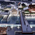 Modern Sales Office Building With Pedestrian Bridge Reflective Water Greenery And Evening Lighting