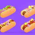Colorful Hotdogs With Various Toppings On Purple Background And Fresh Ingredients