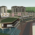 Modern Commercial Street With Multi Storey Buildings Green Awnings And Pedestrian Steps