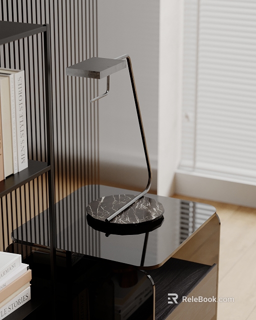 Modern Desk Lamp With Curved Arm Marble Base On Black Table And Bookshelf With Books 3d model 