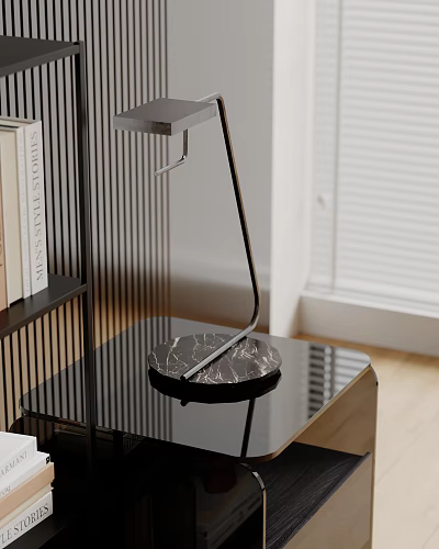 Modern Desk Lamp With Curved Arm Marble Base On Black Table And Bookshelf With Books 3d model