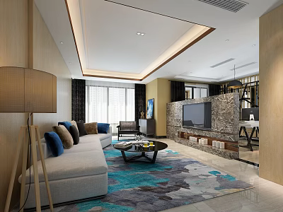 Modern Living Room Interior With Light Gray Sofa Blue Throw Pillows And Stone TV Wall 3d model