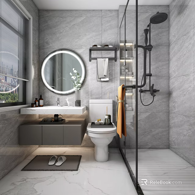 Modern Bathroom With Grey Marble Walls Round Illuminated Mirror Floating Vanity And Glass Shower Enclosure 3d model 