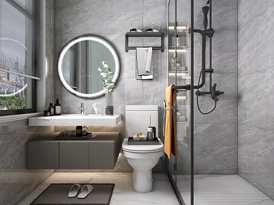 Modern Bathroom With Grey Marble Walls Round Illuminated Mirror Floating Vanity And Glass Shower Enclosure 3d model