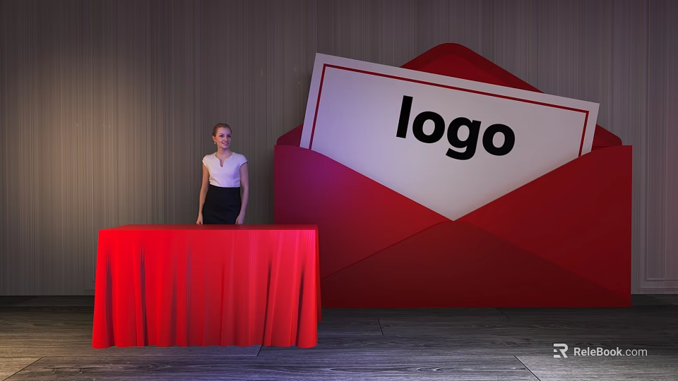 Stylish Red Tablecloth Covered Reception Desk With Receptionist And Large Red Envelope Logo 3d model