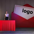 Stylish Red Tablecloth Covered Reception Desk With Receptionist And Large Red Envelope Logo 3d model