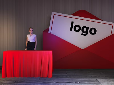 Stylish Red Tablecloth Covered Reception Desk With Receptionist And Large Red Envelope Logo 3d model