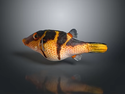 Pufferfish With Black And Yellow Stripes Orange Spotted Body Yellow Tail On Gray Background 3d model