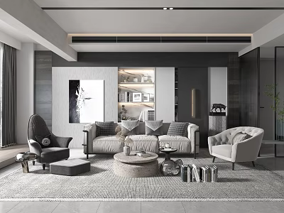 Modern Living Dining Room Interior With Gray Sofa Armchairs Coffee Table And Artwork 3d model