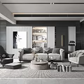 Modern Living Dining Room Interior With Gray Sofa Armchairs Coffee Table And Artwork