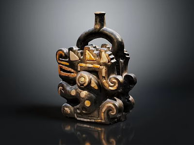 Traditional Sculpture Carving With Intricate Curved Patterns And Gold Accents 3d model