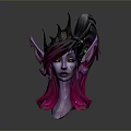 3D Elf Game Movie Character With Horned Headdress Gray Purple Pink Hair Green Glowing Eyes