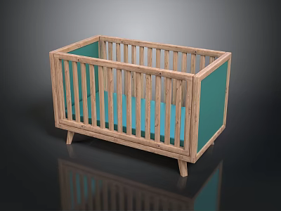 Sturdy Wooden Baby Crib With Blue Mattress And Safety Railing Frame Design 3d model