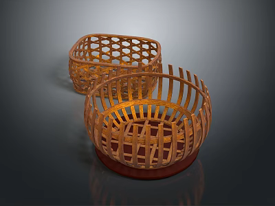 Warm Brown Coffee Table Adorned With Two Handwoven Lattice Design Rattan Baskets 3d model