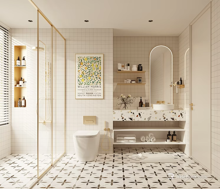 Modern Bathroom Interior With White Tiles Glass Shower Toilet Vanity Mirror And Artwork 3d model 