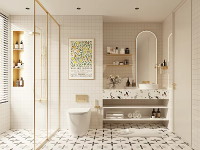 Modern Bathroom Interior With White Tiles Glass Shower Toilet Vanity Mirror And Artwork 3d model