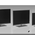 Three Different Sizes Televisions With Silver Frames Black Screens On White Background And Remote Control