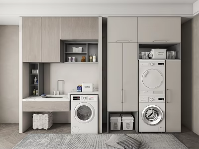 Modern Bathroom Cabinetry Interior With Washing Machine Dryer Countertop And Storage Cabinets 3d model
