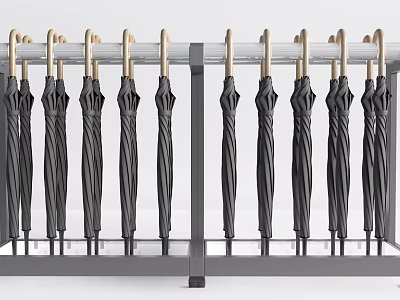 Sturdy Black Umbrellas Neatly Hung On Metal Rack For Household Use 3d model