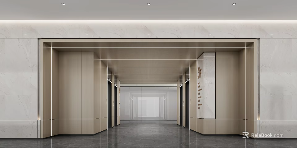Modern Elevator Lobby Design With Sleek Lighting And Marble Wall Panels 3d model 