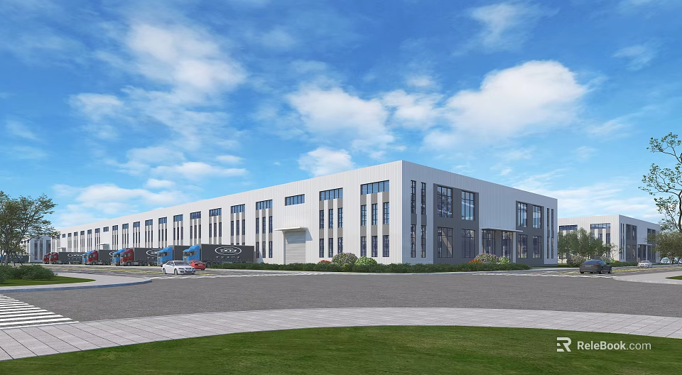Modern Industrial Factory Building With White Exterior Large Glass Windows Green Lawn And Blue Sky 3d model 