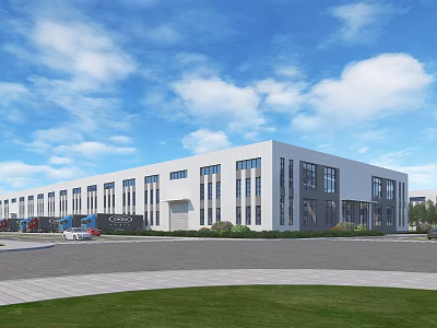Modern Industrial Factory Building With White Exterior Large Glass Windows Green Lawn And Blue Sky 3d model