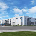 Modern Industrial Factory Building With White Exterior Large Glass Windows Green Lawn And Blue Sky