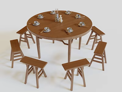 Wooden Round Dining Table Set with Matching Stools And Tableware for Home Dining Room 3d model