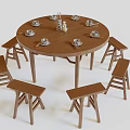 Wooden Round Dining Table Set with Matching Stools And Tableware for Home Dining Room 3d model