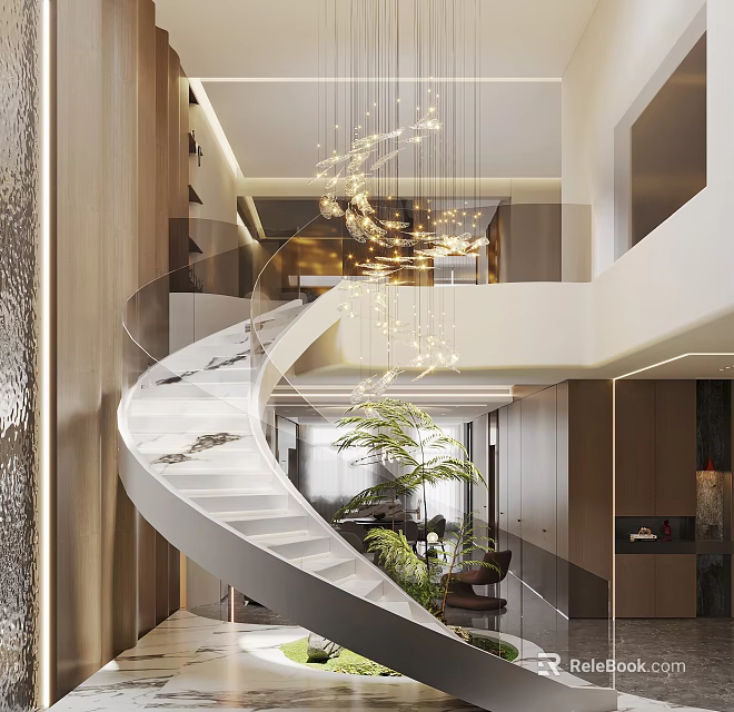 Modern Spiral Staircase Interior With Glass Railing Hanging Chandelier And Green Plants 3d model 