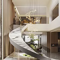 Modern Spiral Staircase Interior With Glass Railing Hanging Chandelier And Green Plants