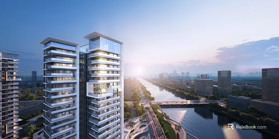 Aerial Planning of Modern High Rise Apartments with River Bridge and City Skyline at Sunset 3d model 