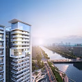 Aerial Planning of Modern High Rise Apartments with River Bridge and City Skyline at Sunset