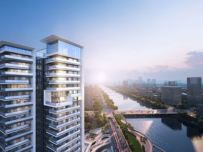 Aerial Planning of Modern High Rise Apartments with River Bridge and City Skyline at Sunset 3d model