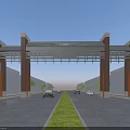 Chinese Traditional Archway with Road Green Belt Trees and Cars Under Blue Sky