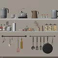 Kitchen Shelf Display with Hanging Rod Kettles Jars Seasoning Bottles and Cooking Utensils