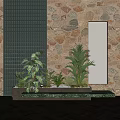 Indoor Plant Arrangement with Green Grid Wall Stone Wall Mirror and Marble Countertop