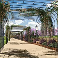 Scenic Pergola Covered In Vines Along Pathway With Lamp Posts And Colorful Flowers