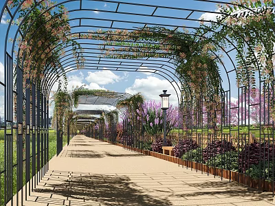 Scenic Pergola Covered In Vines Along Pathway With Lamp Posts And Colorful Flowers 3d model