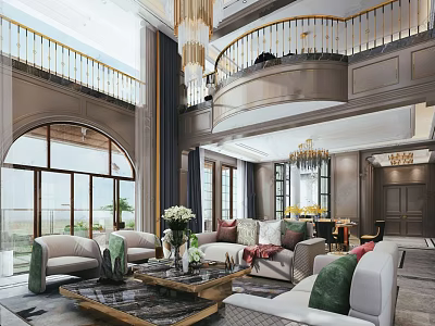 Duplex Living Room Interior Design With Double Height Ceiling Chandelier And Marble Coffee Table 3d model