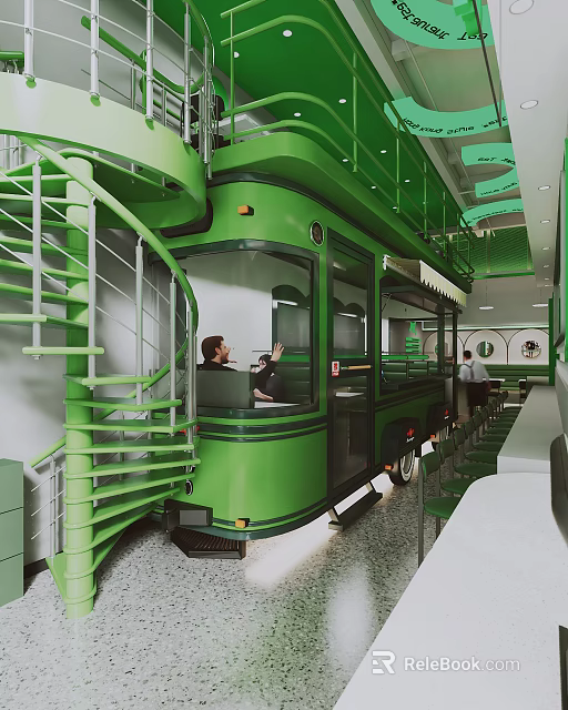 Green Tram Converted Restaurant Interior with Spiral Staircase Bar Counter and Seated Customers 3d model 