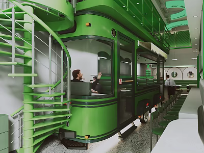 Green Tram Converted Restaurant Interior with Spiral Staircase Bar Counter and Seated Customers 3d model