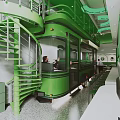 Green Tram Converted Restaurant Interior with Spiral Staircase Bar Counter and Seated Customers